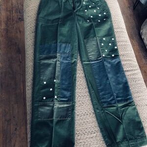 J. Crew Green Patchwork Straight Leg Jeans w/flowers embroidered on them